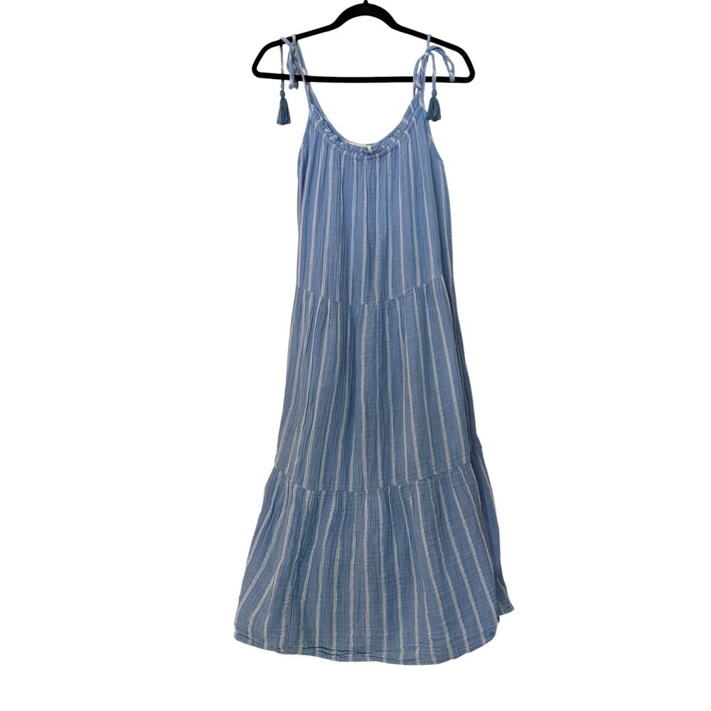 BeachLunchLounge Boho Beach Strappy Layered Blue Gauzy Cotton Dress Sz L Airy - Picture 2 of 10